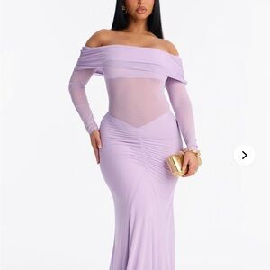 Fashion Nova Off-Shoulder Lavender Mesh Maxi Dress